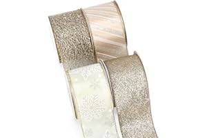 Ribbli Champagne Wired Ribbon for Christmas Tree,Glitter Mesh Snowflake Stripe Christmas Ribbon for Crafts,Wreaths,Topper Bow,Gift Wrapping,Tree Decoration-4Rolls 2-1/2 Inch Total 40 Yard