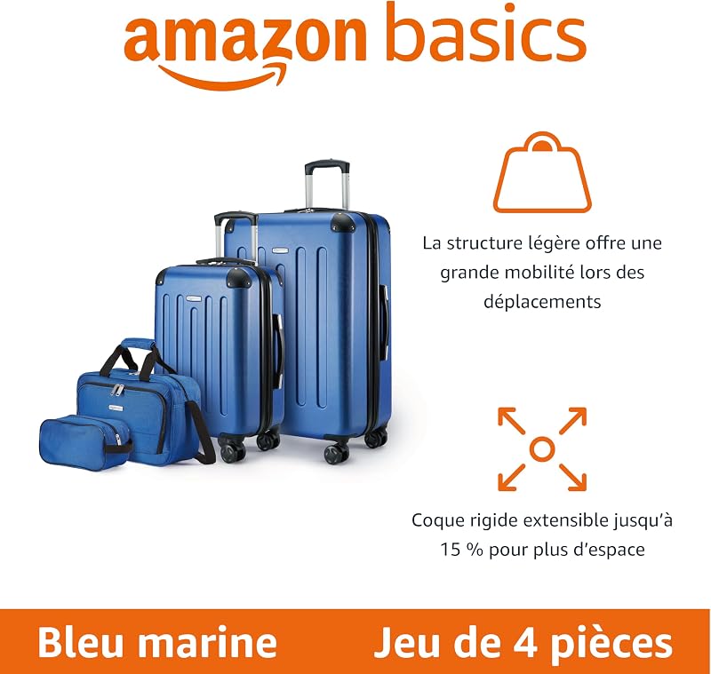 Ensemble de Bagages Rigides, 4 Pièces, Grande Valise, Bagage Cabine, Sac Fourre-Tout, Sac de Voyage Compact, Extensible, 4 roulettes Pivotantes, Bleu Marine