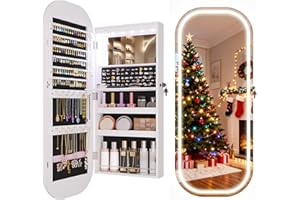 LVSOMT LED Mirror Jewelry Cabinet, Wall/Door Mount Jewelry Mirror Organizer, Rounded Full Length Mirror with Storage, Lockable Jewelry Armoire, 16" Wide, Foldable Shelf, Interior Mirror, White