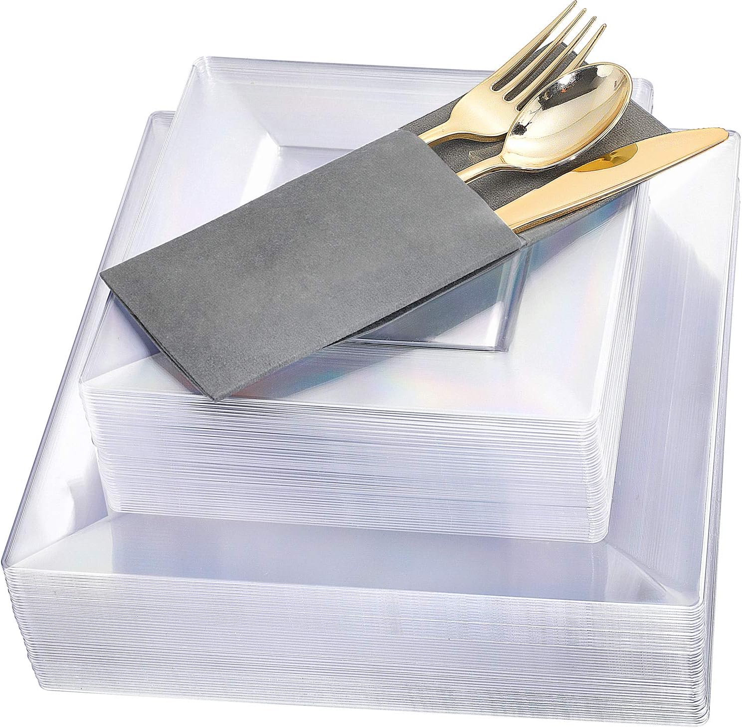 Square Plastic Plates with Gold Plastic Silverware, Plastic Dinnerware Set,Clear Square Plates,Linen Like Paper Napkin Elegant Grey Color, Great for Wedding, Party and Birthday, Supernal