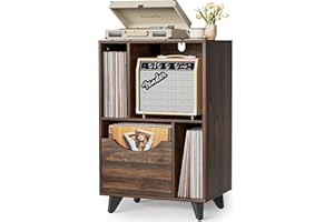 Bikoney Record Player Stand with Vinyl Storage Drawer, Wooden Turntable Side Table Fits All Record Players and Speakers, Larg