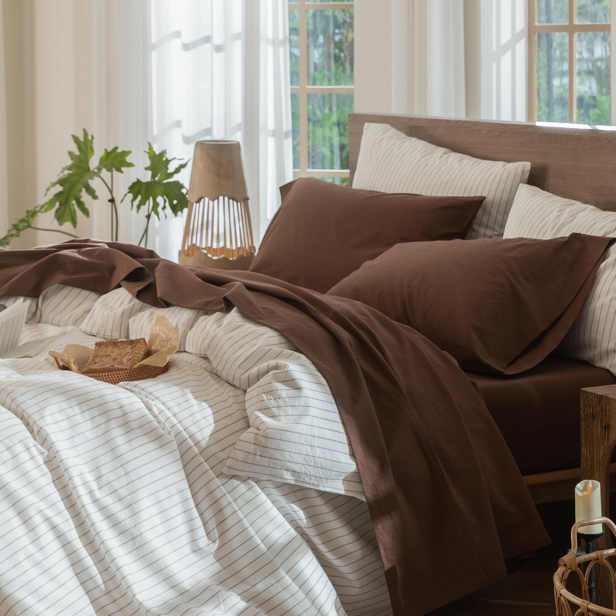 Photo 1 of MooMee Bedding Sheet Set 100% Washed Cotton Linen Like Textured Breathable Durable Soft Comfy (Solid Cocoa Brown, Queen)
