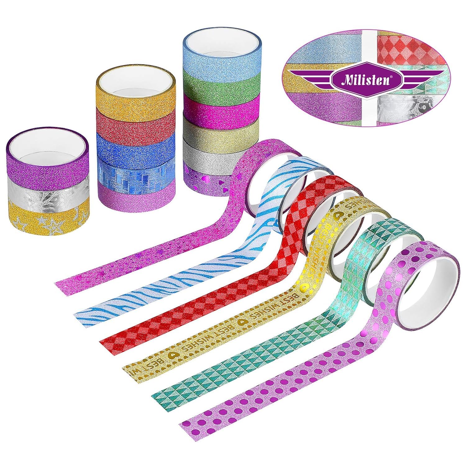 20 Rolls Glitter Washi Tape Set - Assorted Colors, Decorative Adhesive Tapes for Diy Crafts, Scrapbooking, Office, School, and Home Decor