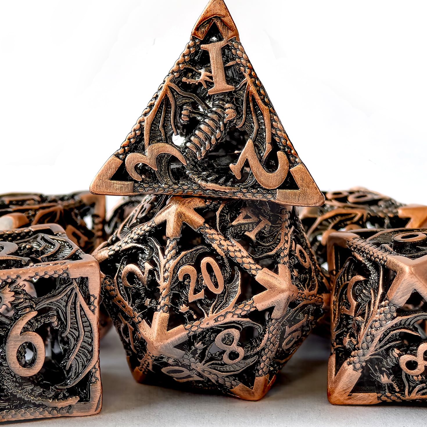 Pure Copper Hollowed Metal D&D Dice Set, Hollow Polyhedron DND 7pcs Metal dice, Suitable for Role-Playing Games Such as Pathfinder RPG Shadow Run DND dice Set