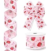 JarThenaAMCS Strawberry Bow Lace Wired Edge Ribbon Cute Summer Fruit Pink Red Coquette Craft Fabric Ribbon for Spring Wreath Bow DIY Wrapping Baby Shower Party Diaper Cake Decor, 12 Yard