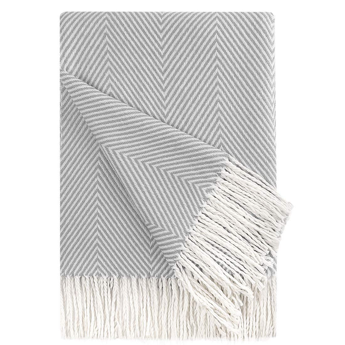 PiccoCasa Decorative Throw Blanket with Fringes in Herringbone Design, Farmhouse Outdoor Faux Cashmere Throws for Sofa, Chair, Bed Knitted Decorative Blanket 130x170cm/ 51"x61" Grey