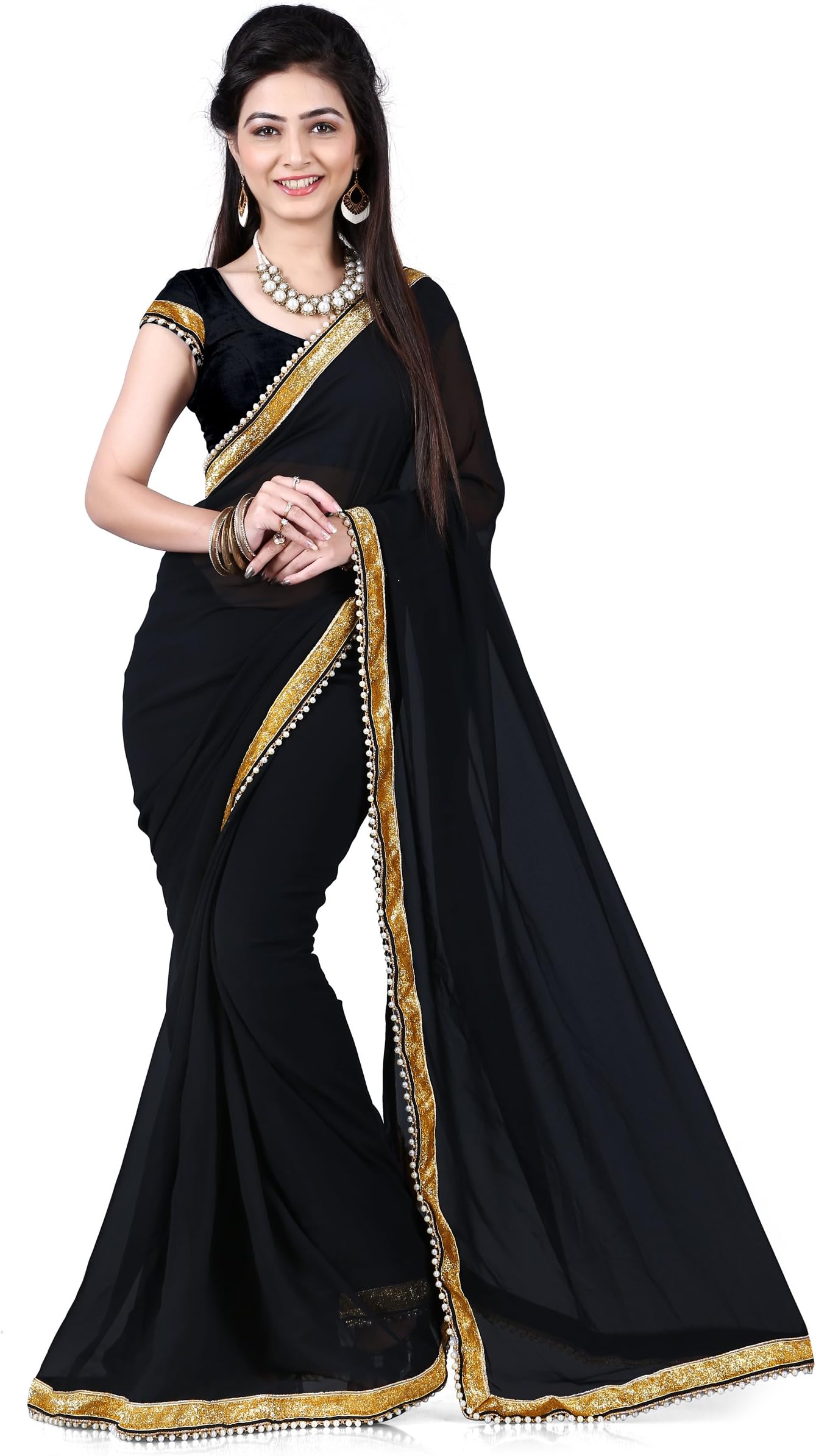 Indian Evening Wear Women Dress Plain Saree Border Bollywood Ethnic Sari