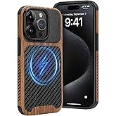 Dolstrap Magnetic Case Compatible with iPhone 15 Pro Case (Compatible with Magsafe), (Natural Wood & Leather & Carbon Fiber Hybrid) Rugged Slim Phone Cover, Black