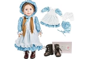 THE QUEEN'S TREASURES 18 Inch Doll Clothes and Shoes, Little House on The Prairie 5 pc Blue Calico Dress with Bonnet, Apron, Pantaloons and Lace Up Boots. Doll NOT Included