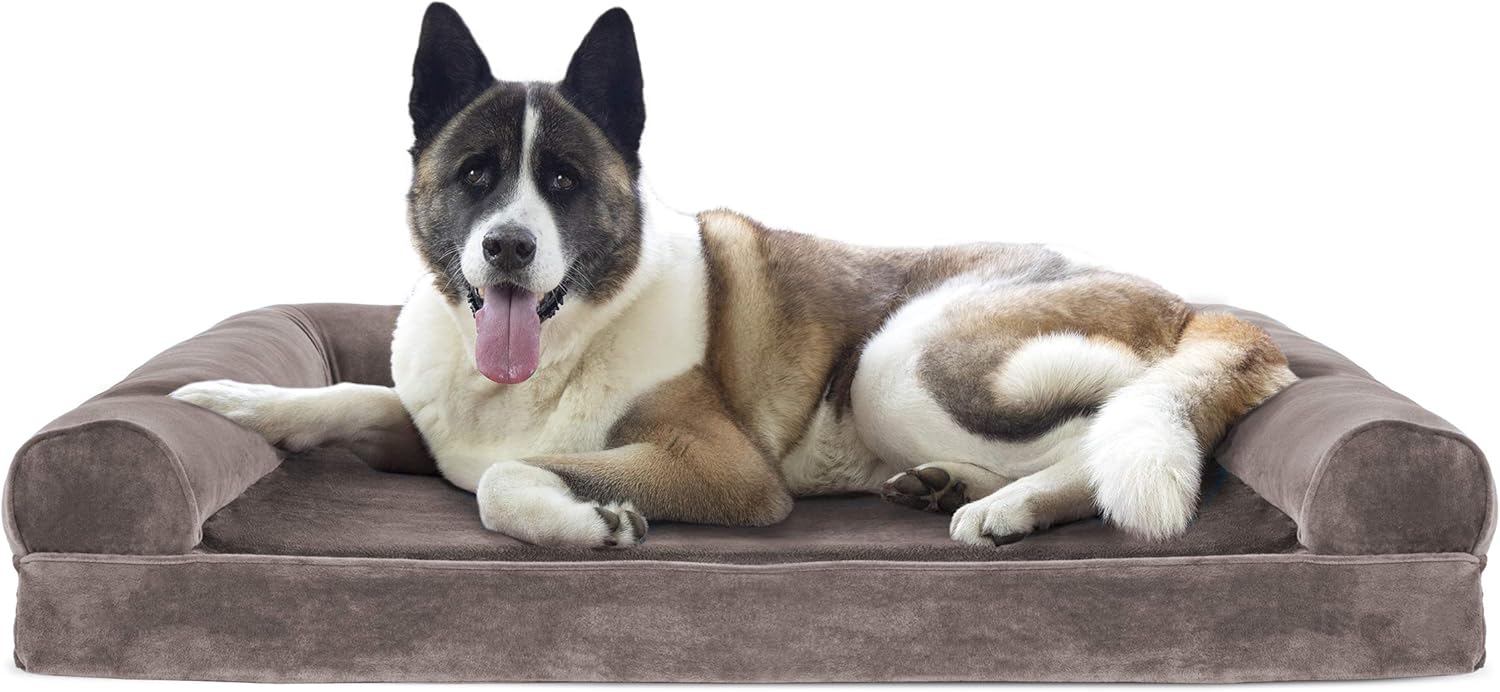 Furhaven Pet Dog Bed - Cooling Gel Memory Foam Faux Fur and Velvet Traditional Sofa-Style Living Room Couch Pet Bed with Removable Cover for Dogs and Cats, Driftwood Brown, Jumbo : Pet Supplies