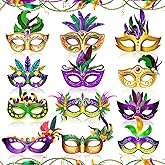 Woosytoo Mardi Gras Mask Paper Carnival Venetian Costume Feather Masks 12 Pcs Purple Green Yellow Masquerade Masks Decorations for Women Men Kids New Orleans Dress Up Mardi Gras Party Supplies