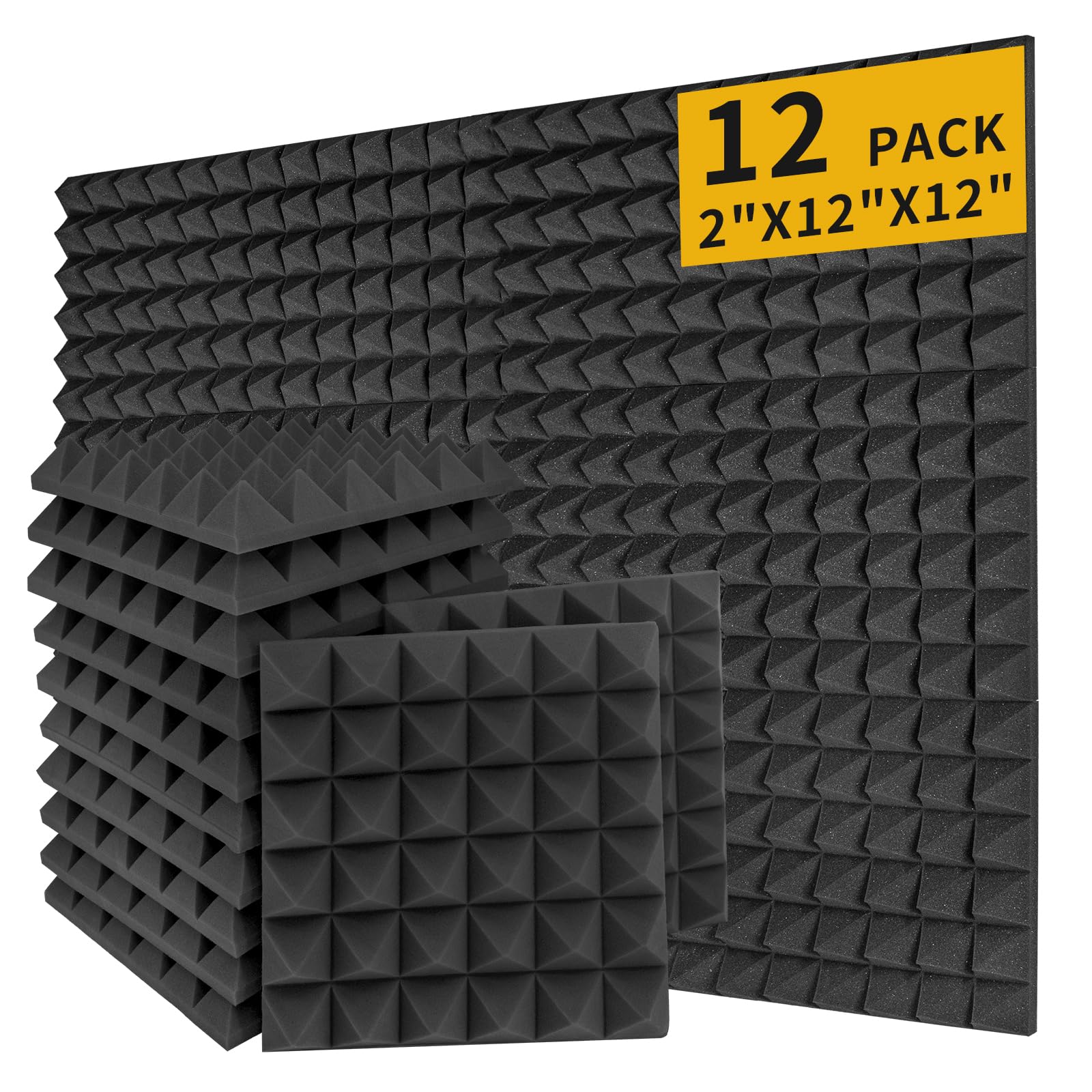 Photo 1 of 12 Pack Soundproof Wall Panels, Saiqiang Acoustic Foam 2" x 12"x 12" Sound Panels Acoustic Panels Sound Absorbing Black Sound Proof Panels for Walls Pyramid Soundproofing Studio Foam