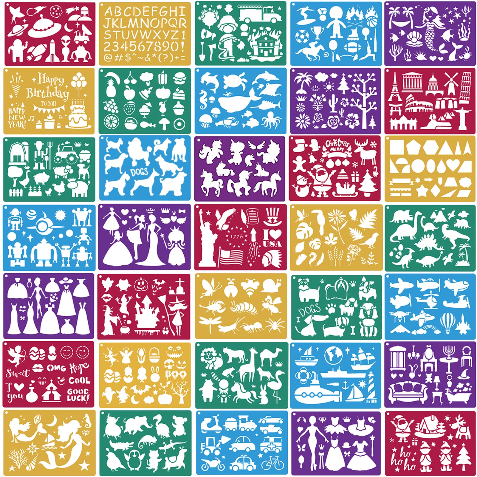 Stencils for Kids,35 PCS Drawing Stencils Templates Kids Reusable Plastic Stencils with Variety of Themes/Shapes,Girls Boys Christmas Birthday Gift
