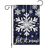 Heyfibro Let It Snow Garden Flag 12x18 Inch Double Sided Burlap, Christmas Winter Black and Blue Plaid Pattern Yard Flags for Seasonal Xmas Outside Outdoor Decoration (ONLY FLAG)
