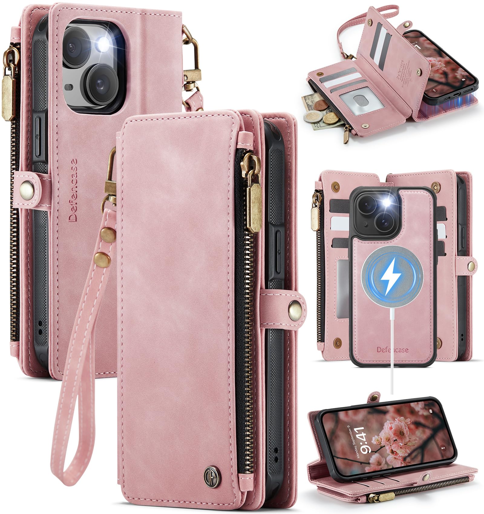 Photo 1 of Defencase for iPhone 14 Magnetic Wallet Case Compatible with Magsafe with RFID Blocking Zipper & Card Holder for Women Men, PU Leather Strap Detachable Phone Case for iPhone 14 (6.1 inches), Rose Pink
