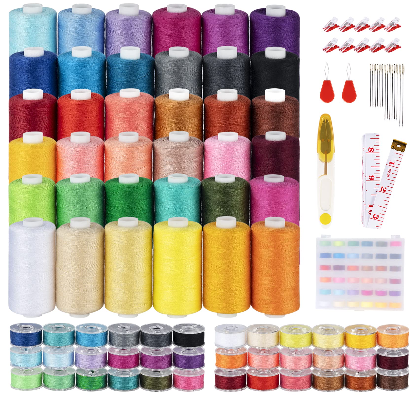 ilauke 72 Pcs Sewing Thread 700 Yards, 36 Colors Prewound Bobbins Thread for Sewing, Polyester Sewing Machine Threads for Brother Singer Janome with Sewing Supplies