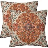 Burnt Orange Blue Boho Pillow Covers 18x18 Inch Set of 2, Vintage Ethnic Carpet Rust Floral Decorative Throw Pillow Cases Fall Outdoor Rustic Cushion Covers Home Decor for Living Room Sofa Couch Bed