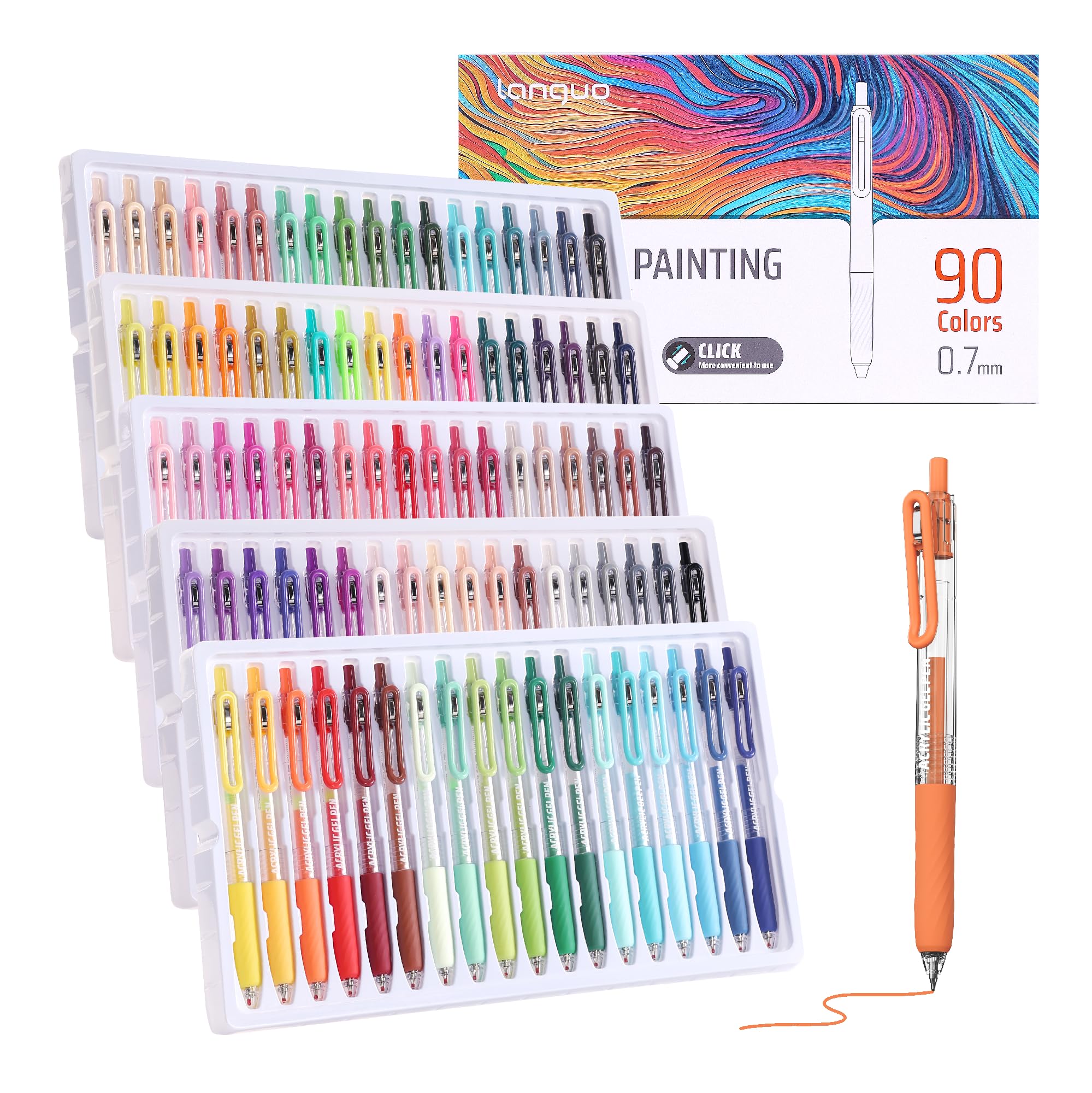 Photo 1 of languo Retractable Acrylic Gel Pens for Coloring, 90 Colors Click Acrylic Paint Pens Set with 0.7mm Tip for Adult Coloring, Colored Gel Pens for Black Paper, Rock, Glass, Fabric, DIY and Art Crafts