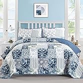 Drucon Quilts Queen Size, Blue White Patchwork Pattern Summer Bedspread Bedding Set, 3 Pieces Soft Lightweight Plaid Coverlet with 2 Pillow Shams for All Season 96x90 Inch