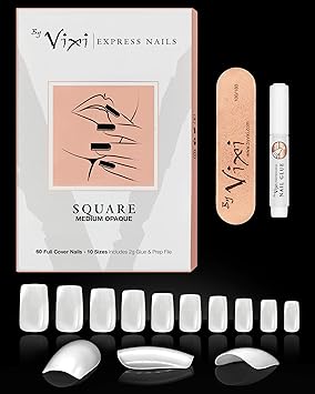 By Vixi Medium Square Nail Set Free Glue Preparation File 10 Sizes Opaque Express Finger Nail Extensions Full Coverage For Professional Beauty Salon Home Use 60 X Nails Amazon De Beauty