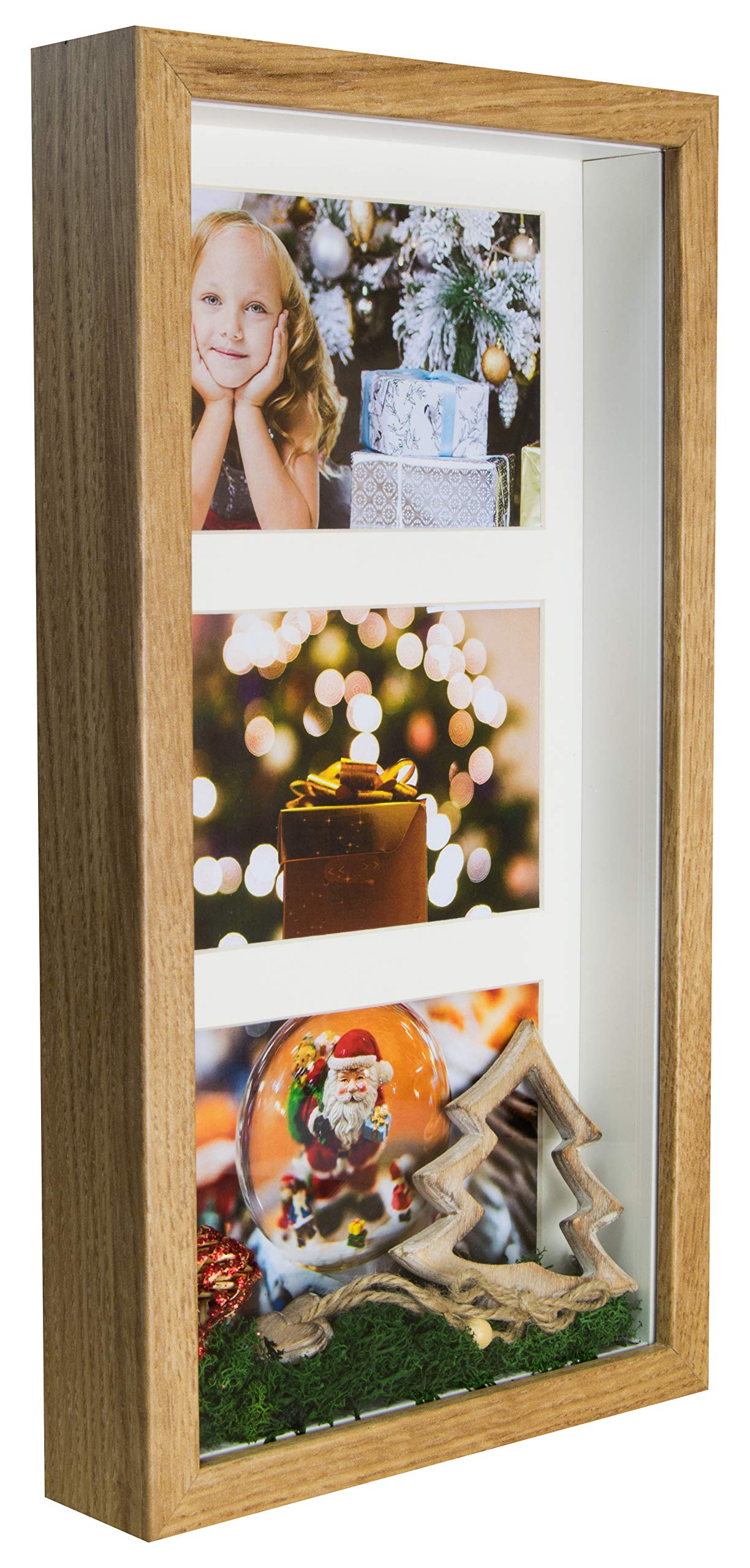 BD ART 7x14 inch Shadow Box 3D Picture Frame with Mat for 3 pictures 4x6, Rustic Oak, PlexiGlass Front Standing Photoframe, for Filling, for Objects, Photos, Souvenirs, for Crafts,Baby Item