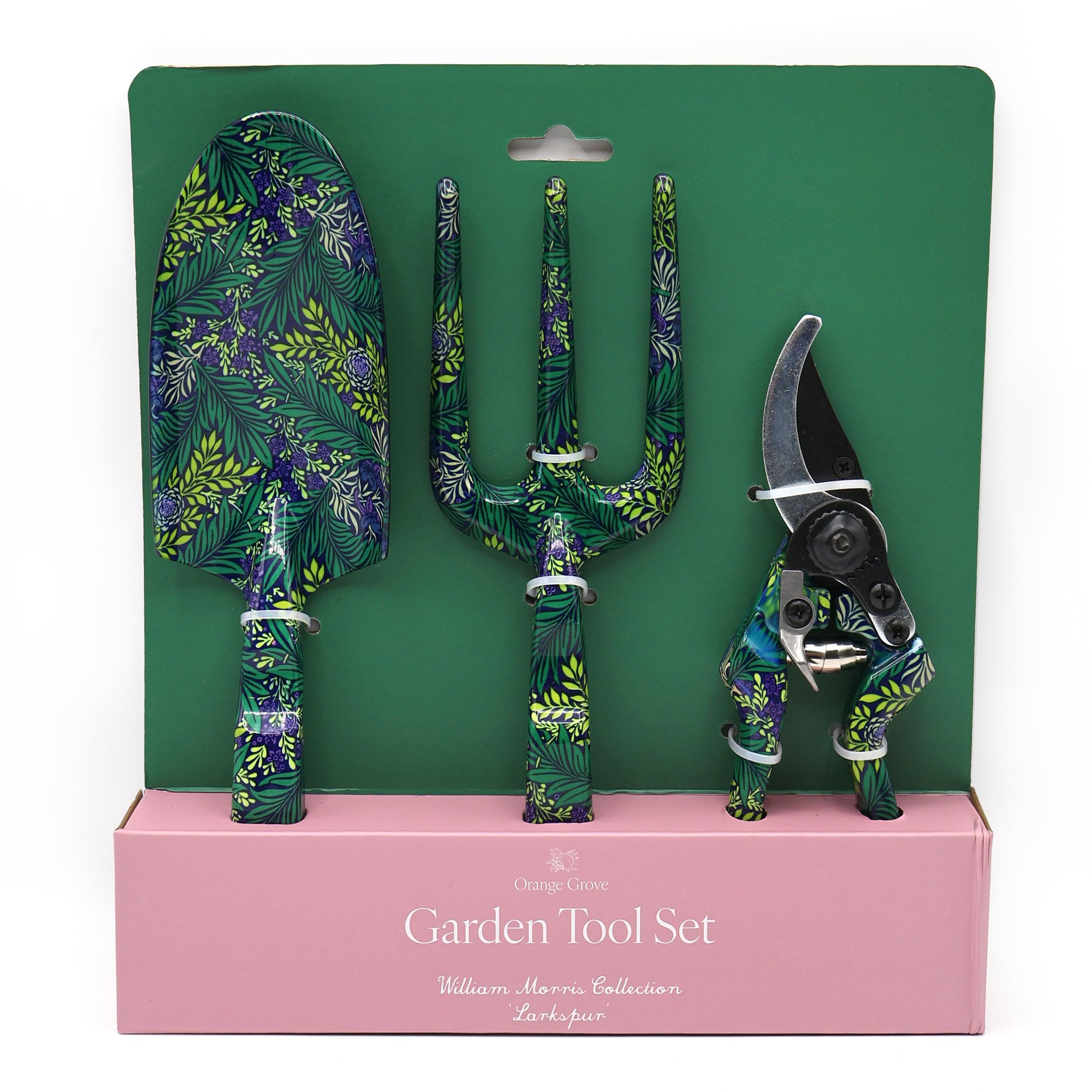 Fork, Trowel and Secateurs Garden Tool Set - William Morris Larkspur Design, Green