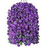 HyeFlora Artificial Faux Hanging Flowers Plants Basket for Outdoor Outside Porch Decoration, UV Resistant Fake Silk Purple Morning Glory Trailing Vines Realistic for Summer Home Balcony Yard Patio