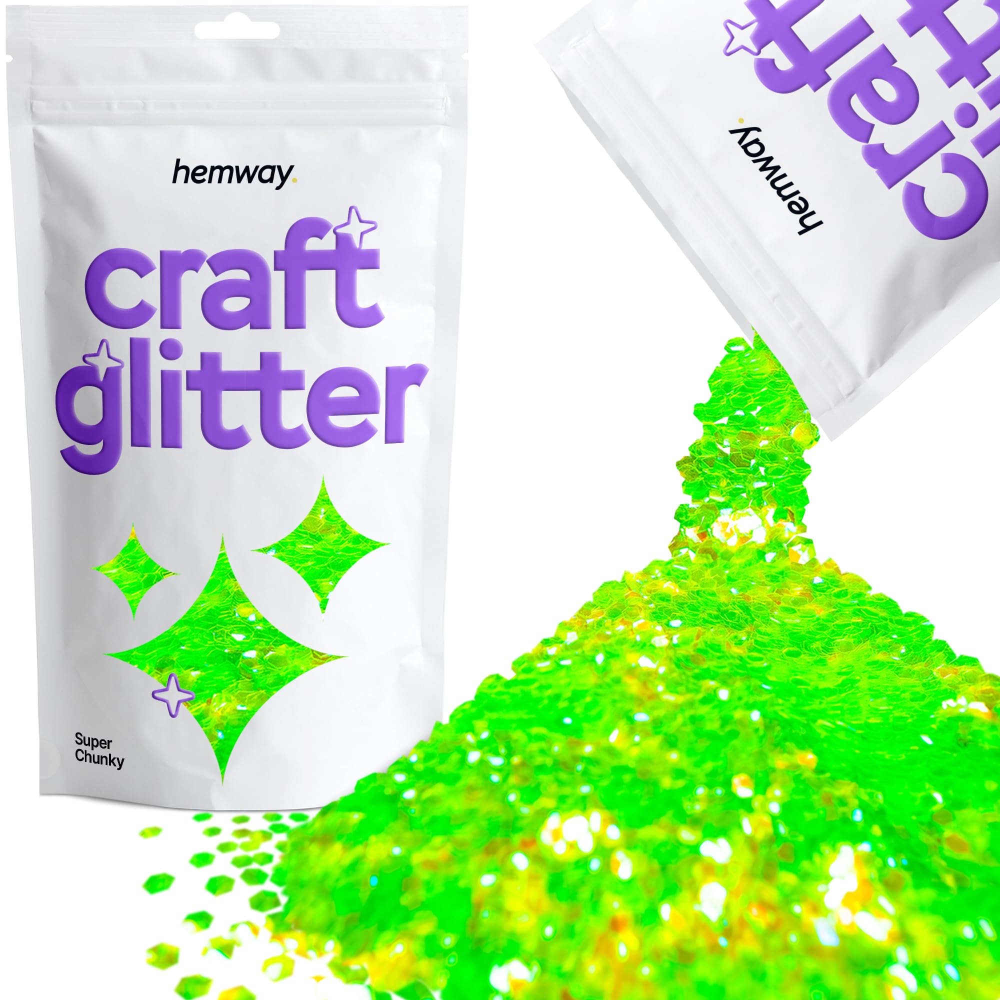 Hemway Craft Glitter Fluorescent UV Neon Green 100g Super Chunky Glitter for Crafts, Resin, Cosmetic, Nail, Face, Body, Festival, Tumblers, Art, Candle, Crafting