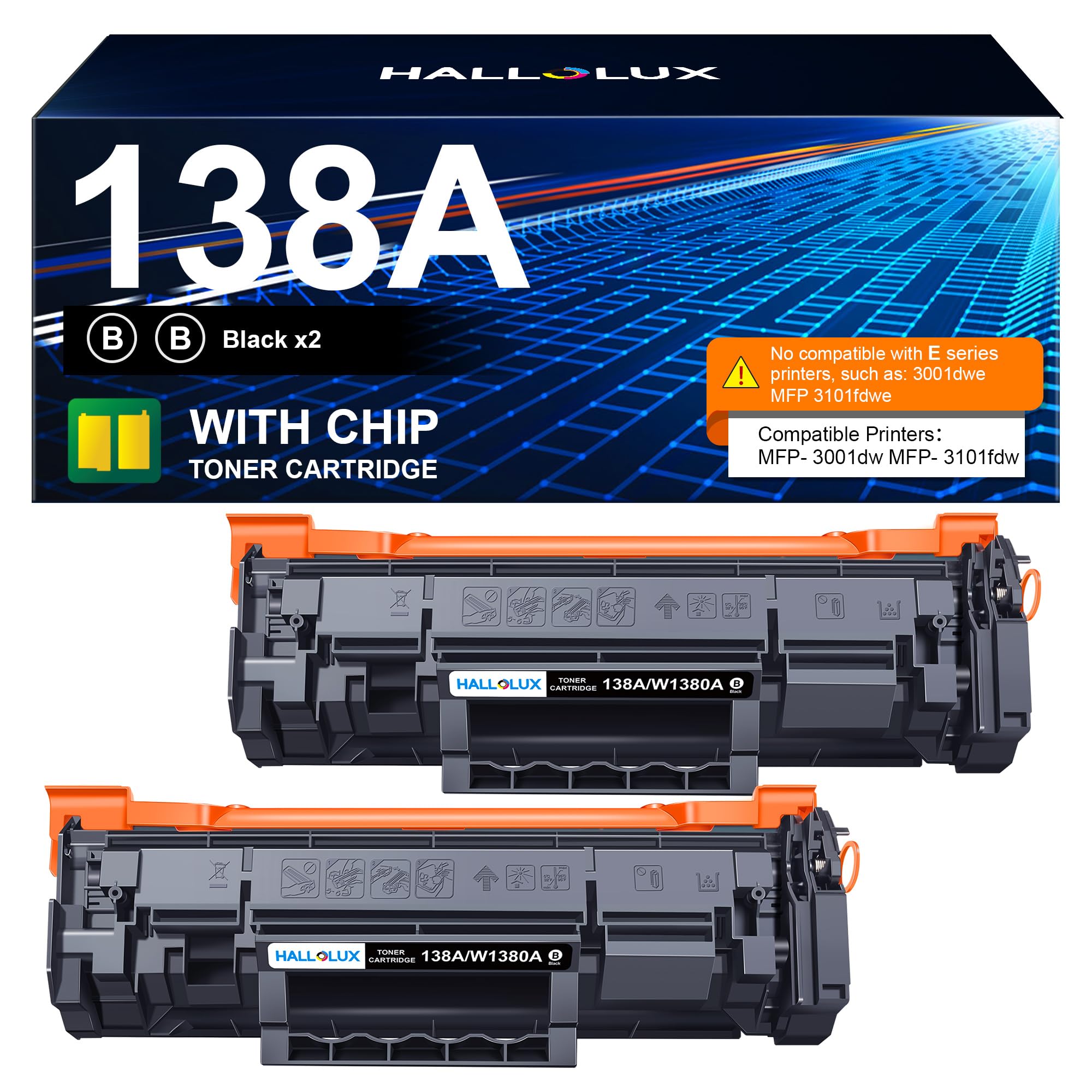 HALLOLUX 138A Black Laserjet Toner Cartridge (with Chip) Compatible Replacement for HP 138A W1380A 138X W1380X for HP Laserjet Pro 3001dw MFP 3101fdw 3001fdw Printer Ink (2 Pack Black, 138A Toner)