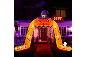 MELISHEER 14FT Halloween Inflatables, Giant Halloween Pumpkin Archway Inflatables with Witch Hat, Blow Up Scary Pumpkin with Built-in LED Lights, Halloween Outdoor Decorations for Porch Archway Lawn Decor