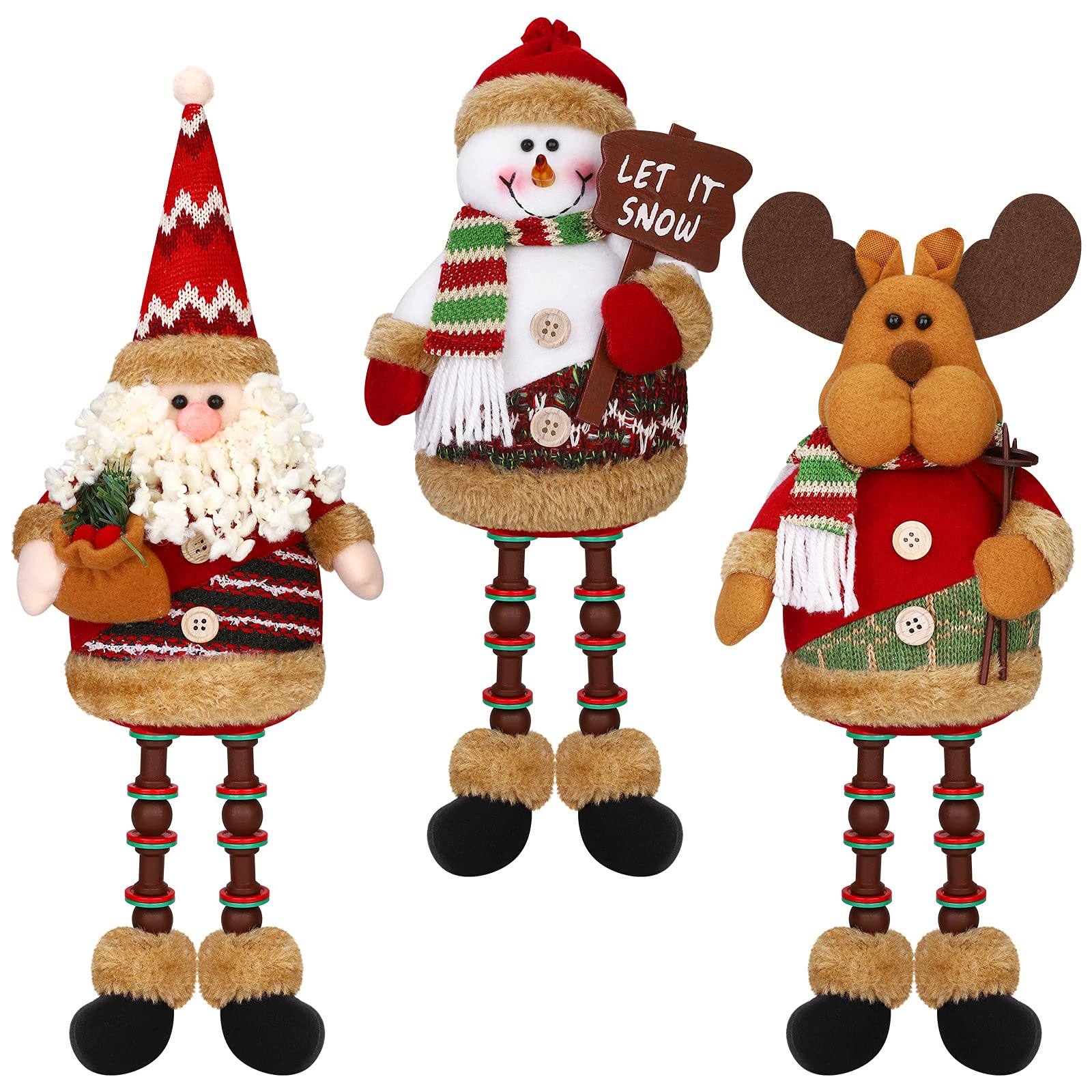 ANECO 3 Pieces Table Top Christmas Decorations Cute Christmas Sitting Santa Snowman Reindeer Doll Long Legs Christmas Ornament for Home Decoration