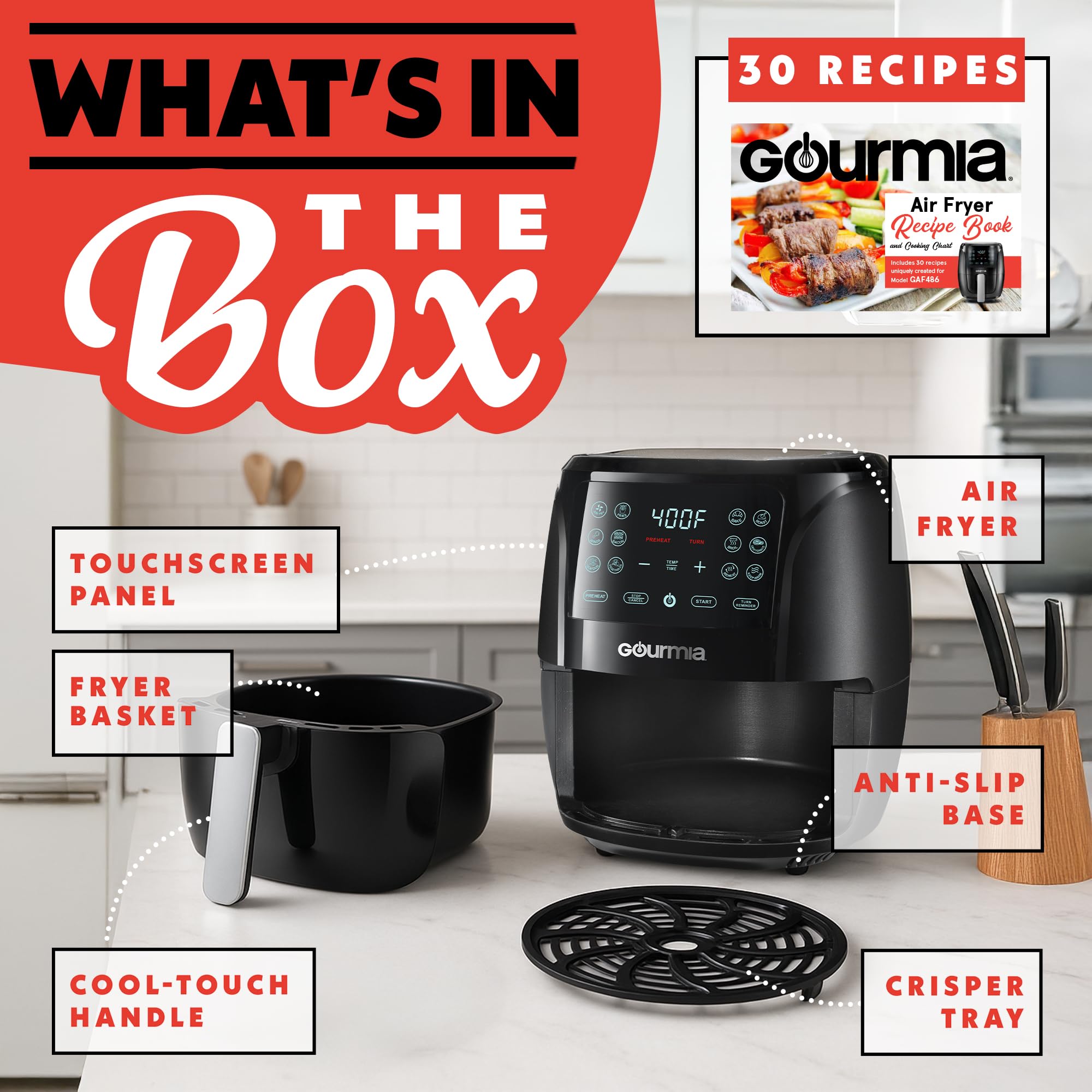 Gourmia Air Fryer 6QT Digital - Cocina guiada con 12 ajustes preestablecidos de un solo toque, cesta grande XL FryForce360, pantalla táctil, accesorios aptos para lavavajillas, cocina saludable sin aceite GAF686