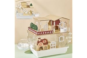 ECOCEN 12 in 1 Clear Acrylic Hamster Cage with All Accessories,13.5''L* 10''W* 15''H Dwarf Hamster Cage,Magnetic Connection Small Hamster Enclosure,Garden Style Wooden Mouse Cage for Pet Mice(2-Layer,White)