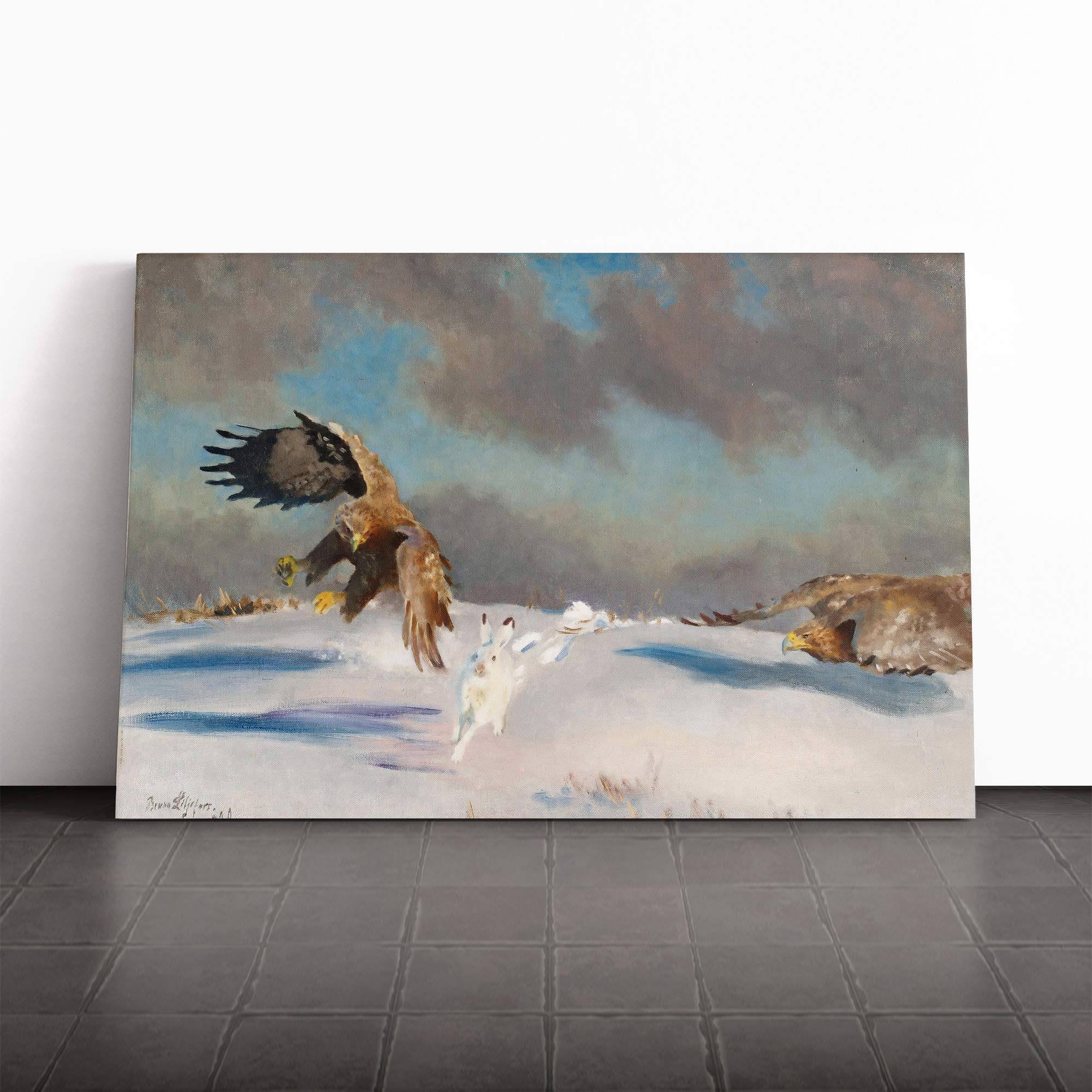 Bruno Liljefors Eagle Hunting Hare Canvas Print | Gallery Wrapped 30mm Frame Wall Art | 20x14 inches | Ready to Hang | Modern Animals Picture | Living Room Bedroom Lounge Office
