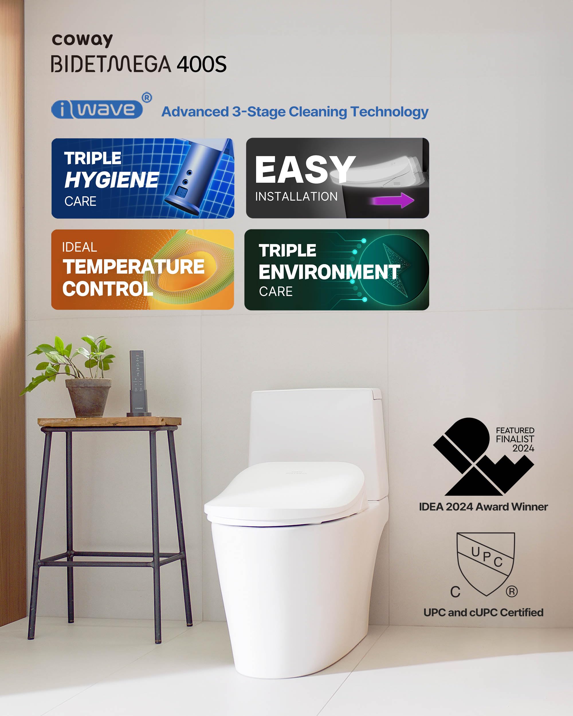 Condition photo showing New/Like New for coway electronic bidet elongated toilet seat with instantaneous water heating, heated seat and dryer