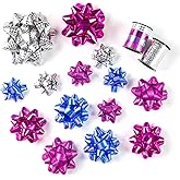 WRAPAHOLIC 16 Pcs Gift Bows Assortment - 14 Multi Colored Assorted Size Gift Bows(Purple, Silver, Blue), 2 Crimped Curling Ribbons, Perfect for Holiday, Party
