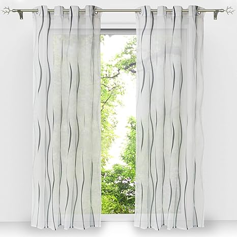 HongYa 1er-Pack Voile Gardine Transparenter Vorhang mit Ösen Wellen Druck H/B 175/140 cm Weiß Silber