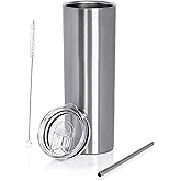 Maxam 20 Ounce Double Wall Vacuum Insulated Skinny Tumbler - Tall & Slim Stainless Steel Drink Canister with Straw & Clear Lid