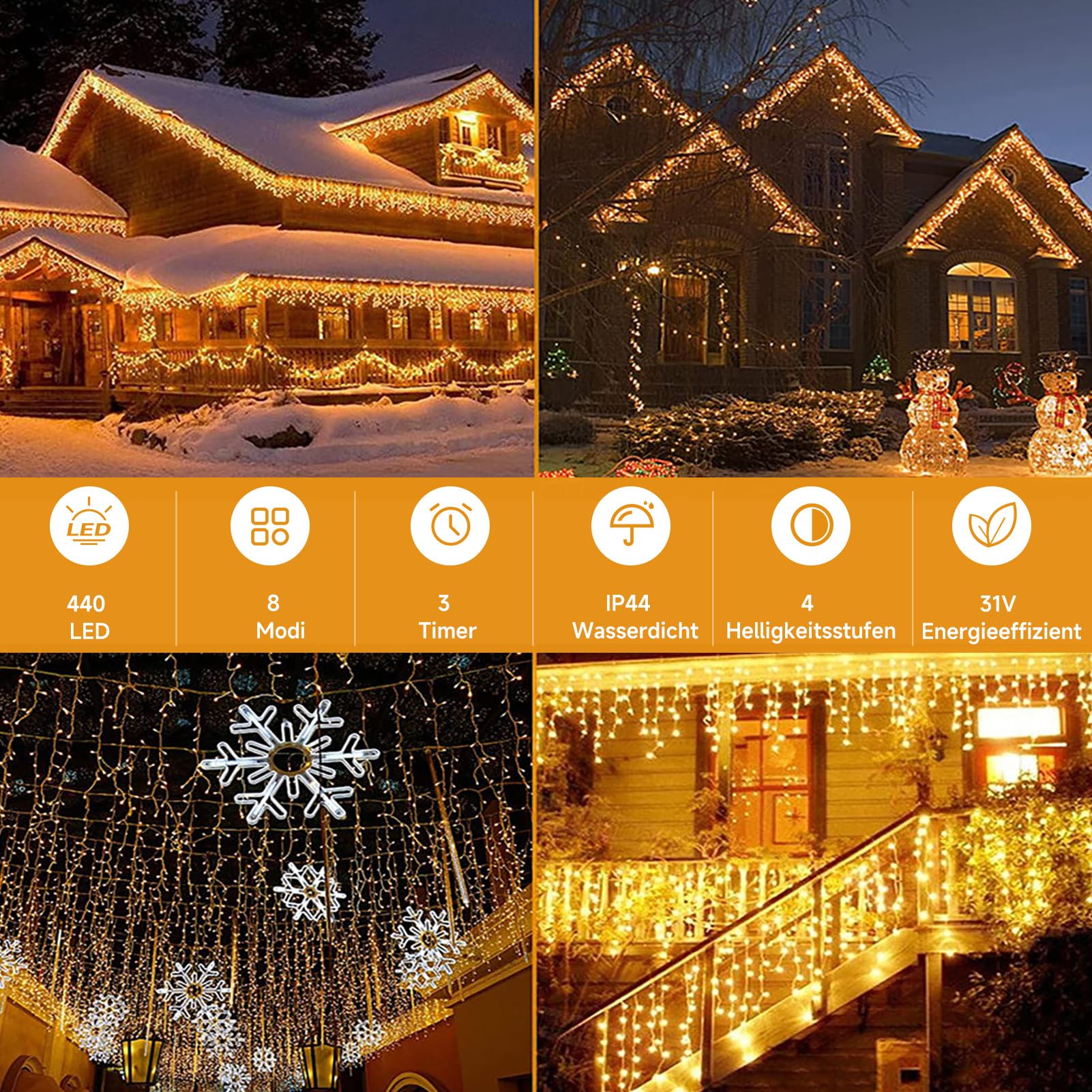 WOWDSGN LED Eisregen Lichterkette Außen, 15M 660LED Eiszapfen mit Timer 8 Modi IP44 wasserdicht Strombetrieben, Lichtervorhang für Weihnachten Dachkante Dachrinne Terrasse Balkon Warmweiß 4