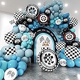 EICUECUE Race Car Balloon Arch Kit - 175Pcs Different Size Balloons Tire Flags Checkered Black Blue White Balloon Garland Kit for Racing Car Two Fast 2nd Theme Birthday Anniversary Party Decorations
