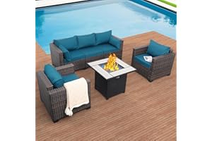 Valita Patio Rattan Furniture Set 4-Piece Outdoor PE Wicker Conversation Couch, Brown Sectional Sofa Couch with 50,000BTU Adjustable Fire Pit Table Non-Slip and Washable Peacock Blue Cushions
