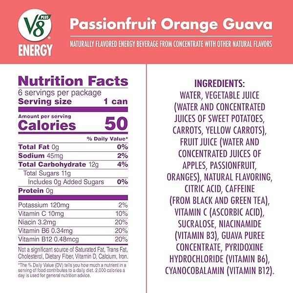 V8 +ENERGY PASSIONFRUIT ORANGE GUAVA JUICE ENERGY DRINK, 8 FL OZ CAN (6 PACK)
