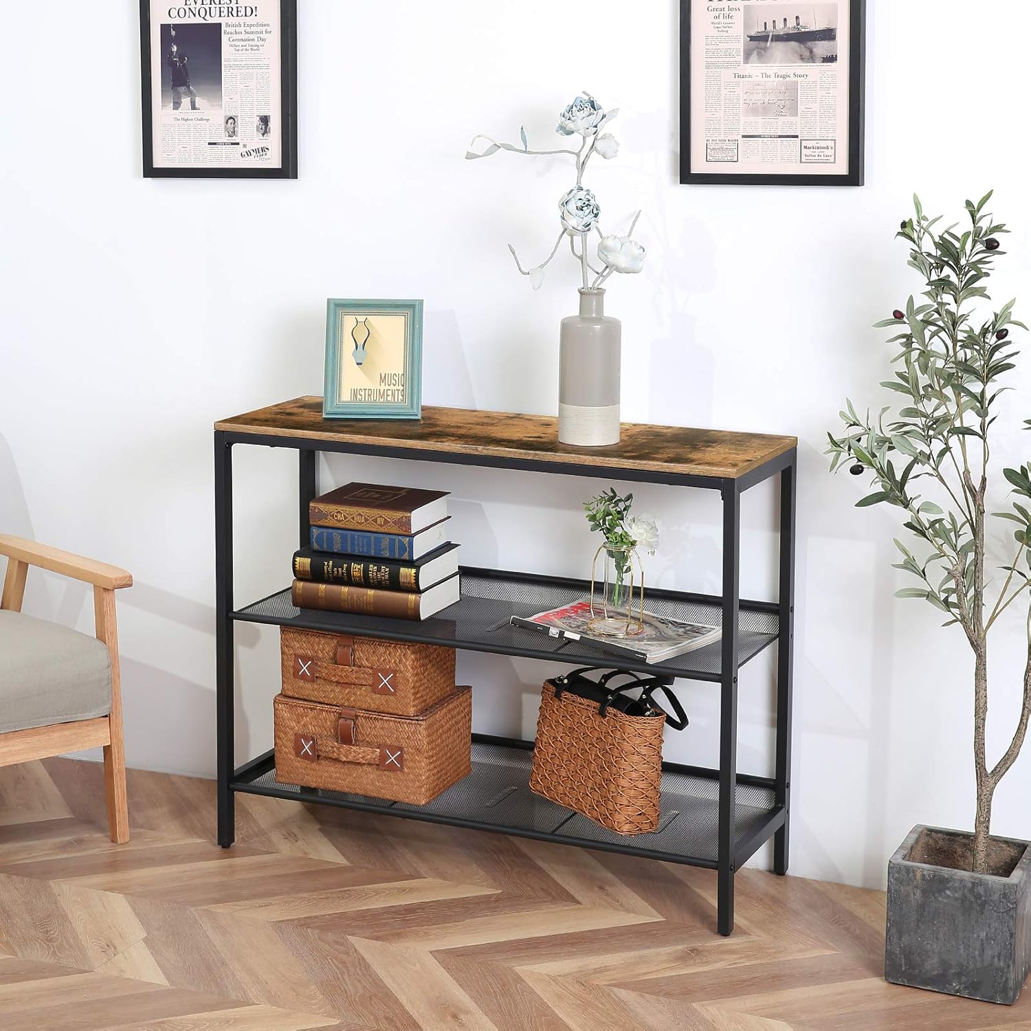 HOOBRO Console Table, Sofa Table with 2 Flat or Slant Adjustable Mesh Shelves, Hallway Table and Sideboard in Entryway, Living Room Corridor, Easy Assembly, Industrial, Rustic Brown and Black BF01XG01: Kitchen & Dining