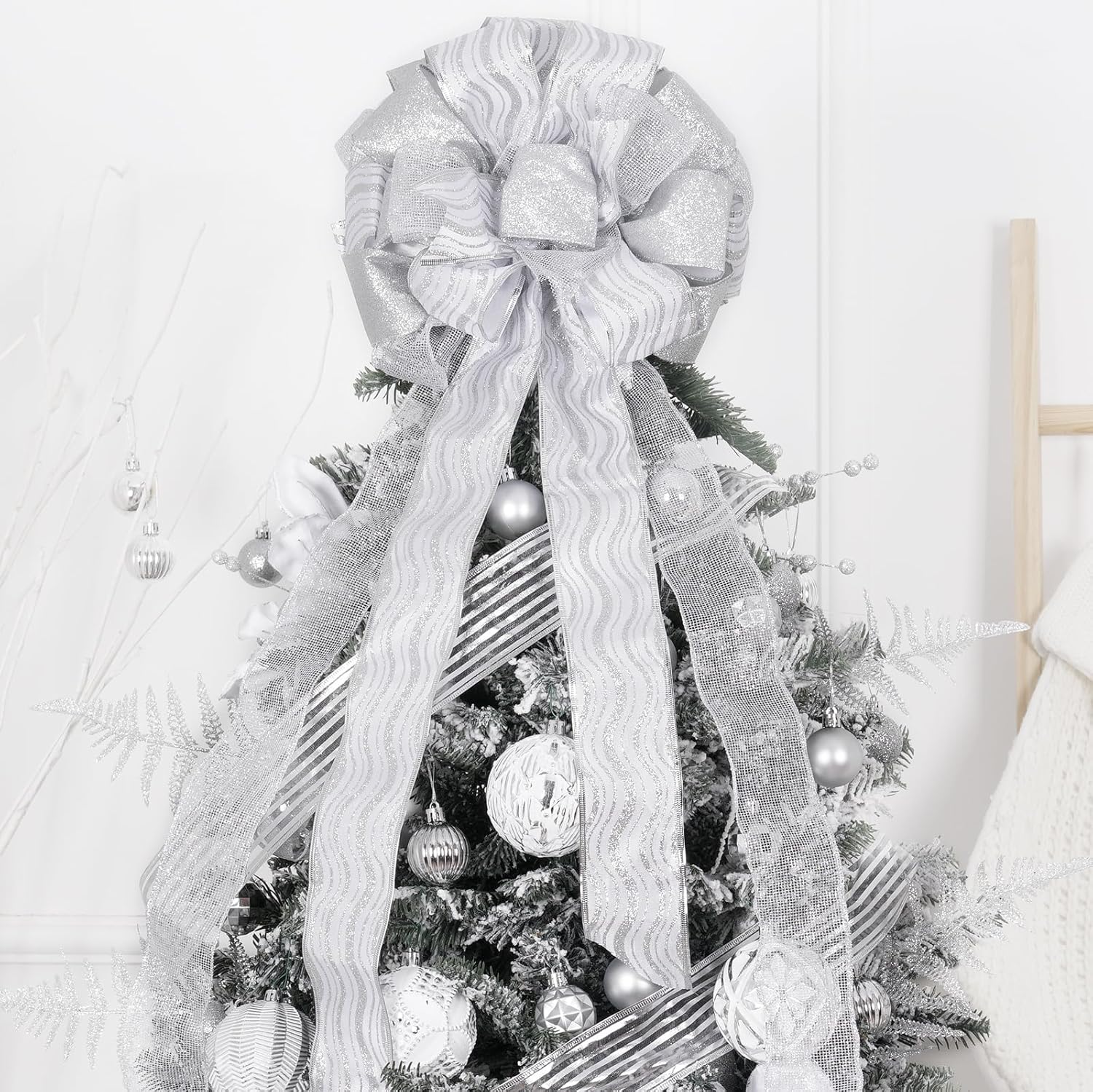 Tree Toppers - Christmas Tree Topper, 32x12 Inches Large Toppers Bow with Glitter Satin Mesh Streamer, Silve Christmas Tree Topper for Christmas Home Decoration (Silver)