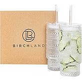 Birchland All Glass Hobnail Tumbler with Glass Lid and Straw, Beaded Style Set of 2 (16 oz Hobnail)