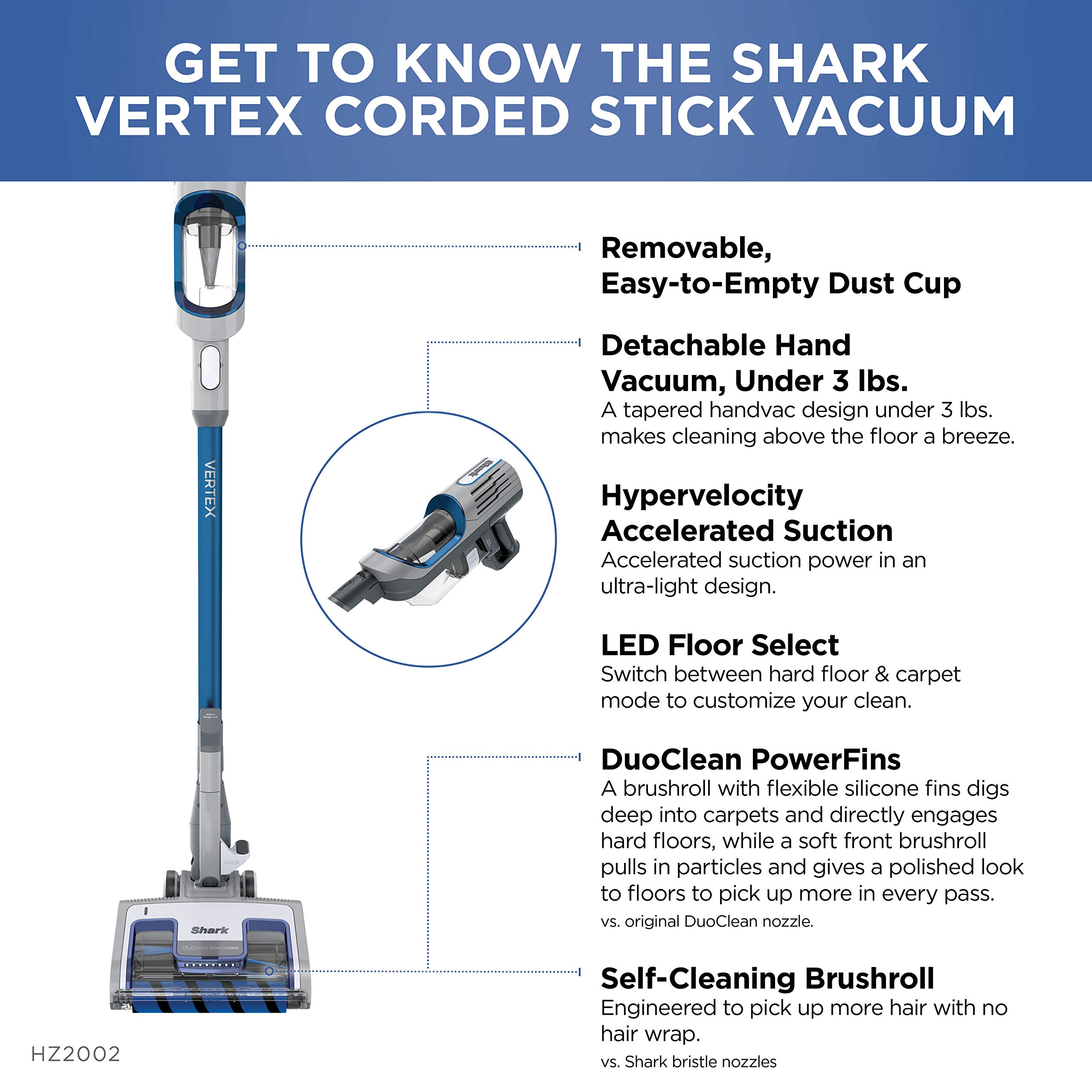 Shark | Corded Stick Vacuum Cleaner | Vertex Ultralight | Removable Handheld Vacuum | Pet Hair Vacuum for Carpet and Hard Floor | Powerful Suction | No Hair Wrap | 3 Attachments Included | HZ2002