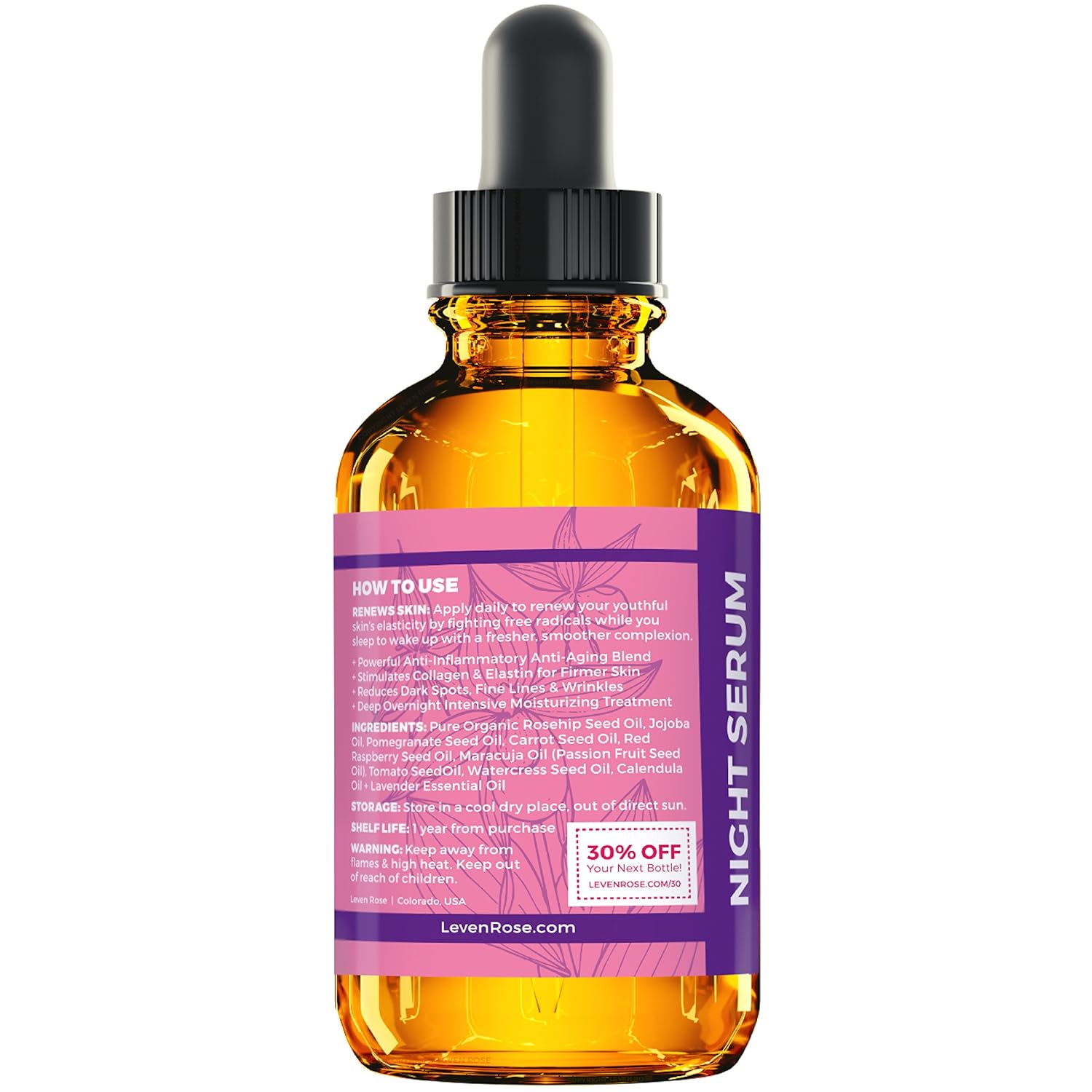 Rosehip Oil Night Serum by Leven Rose, 100% Pure Organic Natural Skin Renewal Brightening Complexion Anti Inflammatory Anti Aging 1 oz: Beauty