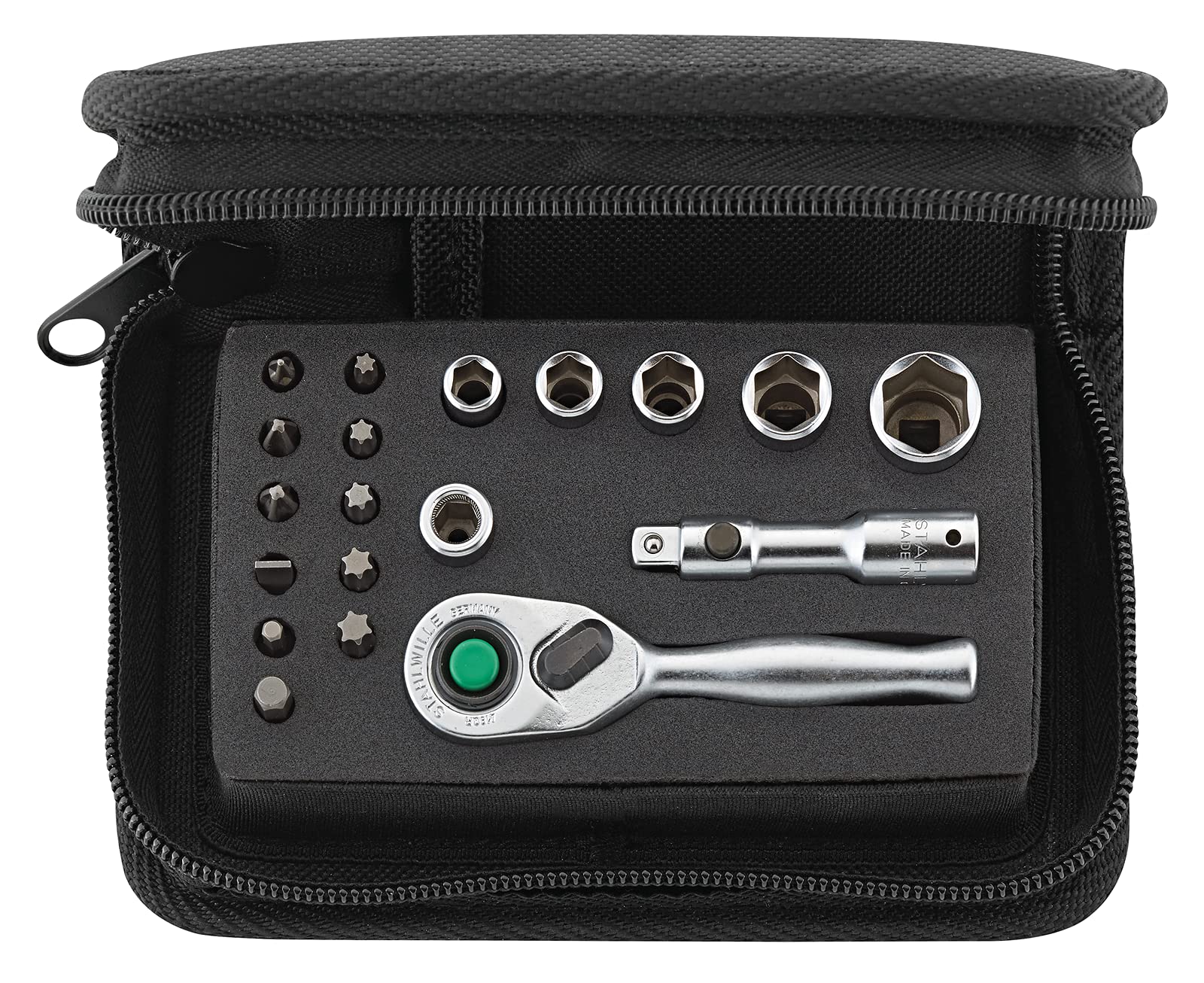 Stahlwille 40/16/3QR l 1/4 Inch Socket Set 19 Pieces l Mini Ratchet, Bit Holder, Extension, Nuts and Bits l Softcase l Made in Germany