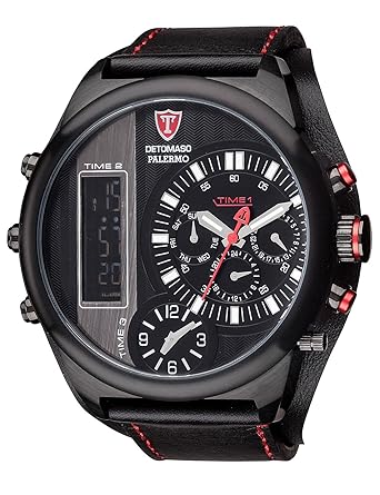 DETOMASO Mens PALERMO XXL Triple-Time Chronograph Trend schwarz/schwarz Quartz Stainless Steel and Leather Casual Watch, Color:Black (Model: DT2052-A)