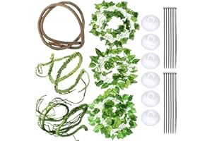 LUINABIO 6 Pieces Reptile Terrarium Decoration Set Reptile Jungle Vines Artificial Plant Leaves with Suction Cups Pet Habitat Decor for Bearded Dragon, Chameleon Gecko Lizards Snakes Tree Frog More Reptiles